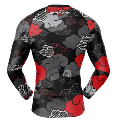 The Black Aloha Akatsuki Long Sleeve Rash Guard Compression Shirt features a black base with red, white, and gray cloud designs, plus ANIME APE text and symbols on the upper back and right sleeve.
