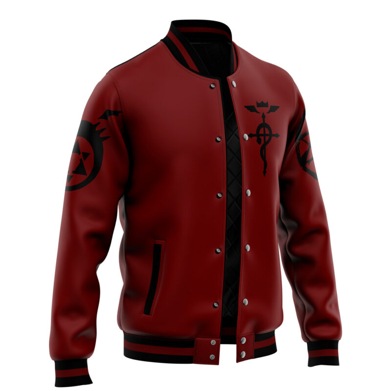 The Edward Fullmetal Alchemist Varsity Jacket features a red varsity style with black trim, black snap buttons, and black symbols on the sleeves and chest. The interior is lined with quilted black fabric.