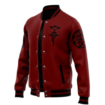 The Edward Fullmetal Alchemist Varsity Jacket is red with black buttons and trim on the cuffs, collar, and hem, featuring black alchemical symbols on the chest and sleeves.