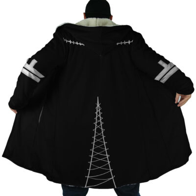 A person stands with their back to the camera, wearing Dabi's Coat from My Hero Academia—a long black Dream Cloak featuring silver stitched designs on the back and sleeves, with a bold silver tower-like pattern down the center.