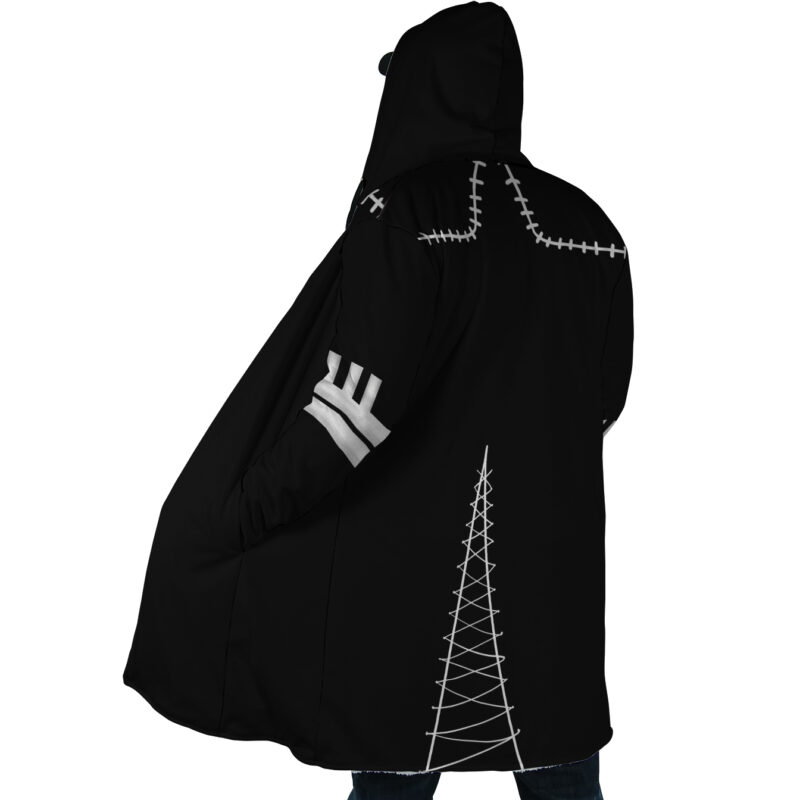 A person wearing Dabi's Coat from My Hero Academia Dream Cloak, a black hooded coat with white stitched lines on the shoulders and back, stands facing away from the camera.