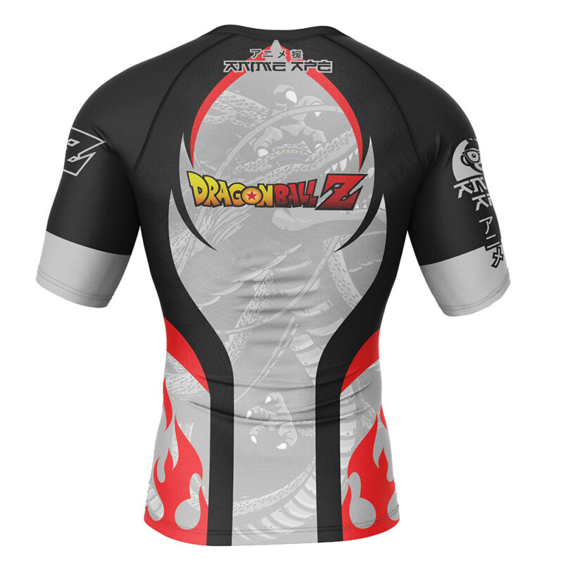 The Shenron Dragon Ball Z Short Sleeve Rash Guard Compression Shirt features black, gray, and red flame designs, stylized Japanese text on the shoulders and sleeves, and a Dragon Ball Z logo on the back.