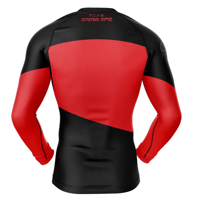 The Next Generation Red Star Trek Long Sleeve Rash Guard Compression Shirt features black and red color blocking, stylized text on the upper back and left sleeve, with a fitted, stretchy athletic design seen from the back.