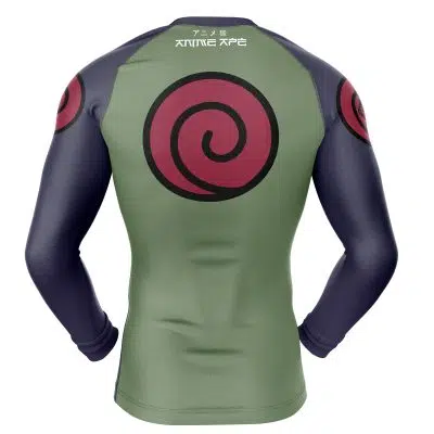 The Konohagakure Jonin Uniform Shippuden Long Sleeve Rash Guard Compression Shirt features a green body, dark navy sleeves, large red spirals on the back and shoulders, and bold white stylized text across the upper back.