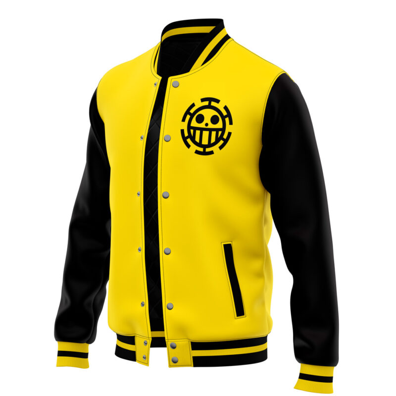 The Trafalgar D. Water Law One Piece Varsity Jacket features yellow and black colors, black sleeves, striped collar and cuffs, and a large black smiling face emblem inside a circle on the chest.