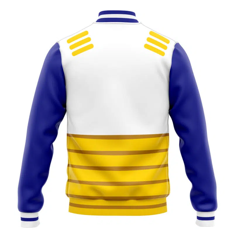 The Vegeta V2 Dragon Ball Z Varsity Jacket features blue sleeves, a white upper back, yellow stripes on the lower back, four yellow angled lines on each shoulder, plus striped cuffs and collar. Shown from the back.