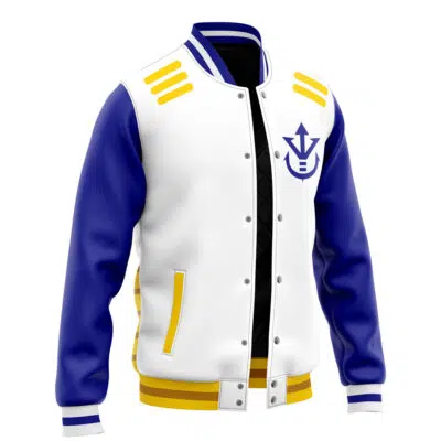 The Vegeta V2 Dragon Ball Z Varsity Jacket features a white body, blue sleeves, yellow accents and stripes on the shoulders, blue cuffs, a blue-and-yellow waistband, front pockets, and a geometric blue emblem on the left chest.