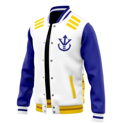 The Vegeta V2 Dragon Ball Z Varsity Jacket features a white and blue design with yellow accents, yellow stripes on the right shoulder and waist, a blue logo on the left chest, snap-button front, and ribbed cuffs and hem.
