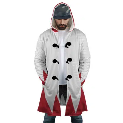 A man stands with hands in his pockets, looking down, wearing the White Mage Final Fantasy Dream Cloak Coat—a white hooded coat featuring red accents and black button designs.