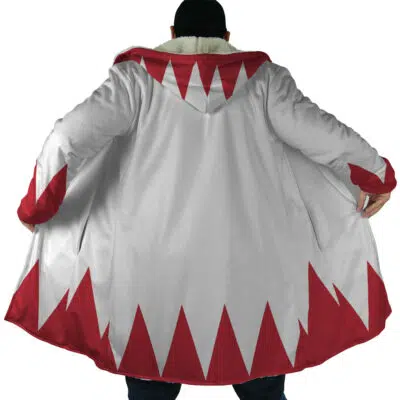 A person wearing the White Mage Final Fantasy Dream Cloak Coat, featuring bold red triangular patterns on the hem, sleeves, and hood, is shown from behind with the coat spread open.