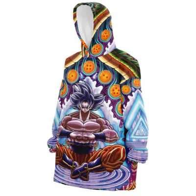 The Trippy Ultra Instinct Goku Dragon Ball Z Snug Oversized Blanket Hoodie features a vibrant, all-over design of Goku with spiky silver hair in a meditative pose amid mystical symbols, dragon balls, and colorful patterns covering the hood and sleeves.