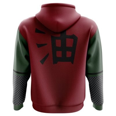 The Jiraiya Uniform Shippuden Hoodie is a red and green hoodie with a hood, quilted gray sleeves, and a large black kanji character on the back.