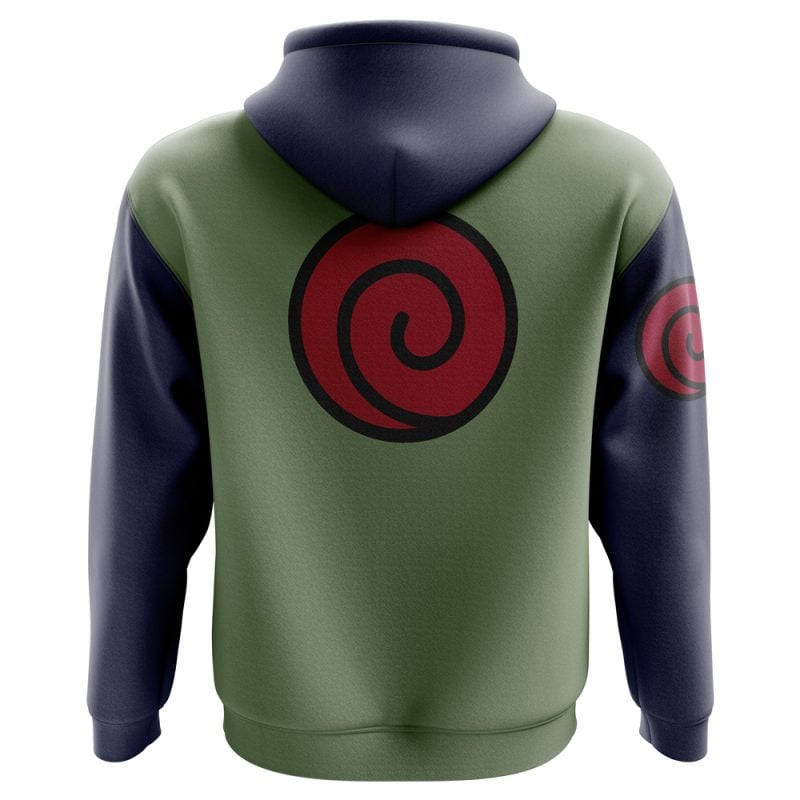 The Konohagakure Jonin Uniform Shippuden Hoodie has a green body, dark blue sleeves and hood, a large red and black swirl on the back, and a matching small swirl on the upper left sleeve.