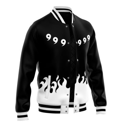 The Sage of the Six Paths Shippuden Varsity Jacket features a black and white design with white commas on the chest, a flame pattern at the hem, and black-and-white striped collar, cuffs, and hem.