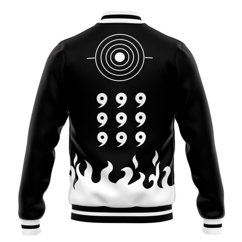 The Sage of the Six Paths Shippuden Varsity Jacket is black and white, with concentric circles on the back, two columns of nines (999999) beneath them, and a white flame pattern along the bottom hem.