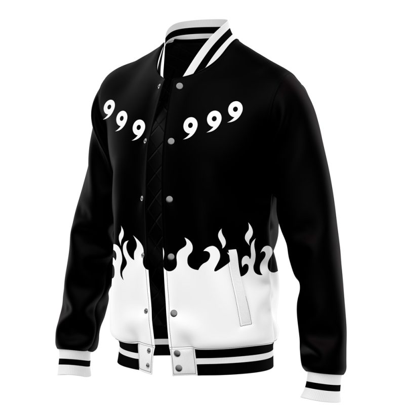 The Sage of the Six Paths Shippuden Varsity Jacket features a black and white design, flame pattern at the bottom, triple white comma symbols on the chest, and striped collar, cuffs, and hem.