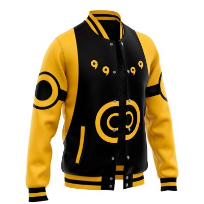 The Six Paths Sage Mode Pattern Shippuden Varsity Jacket features a modern graphic design with black and yellow colors, plus circular and dot patterns on the front, sleeves, and chest.