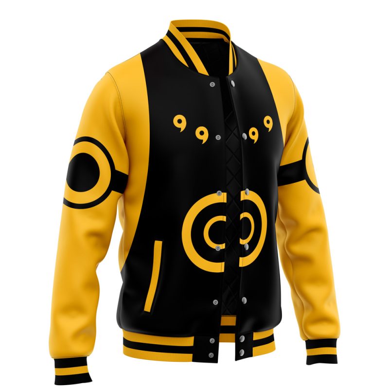 The Six Paths Sage Mode Pattern Shippuden Varsity Jacket features a modern graphic design with black and yellow colors, plus circular and dot patterns on the front, sleeves, and chest.