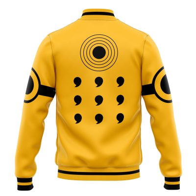 The Six Paths Sage Mode Pattern Shippuden Varsity Jacket is yellow with varsity styling, featuring black circular and comma-like designs on the sleeves and back, plus concentric circles near the top and rows of commas below.