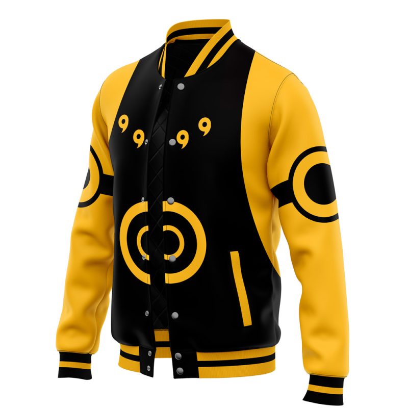 The Six Paths Sage Mode Pattern Shippuden Varsity Jacket features yellow sleeves, a black front, bold yellow and black circular designs with comma-like shapes on the chest, and striped yellow and black collar, cuffs, and hem.