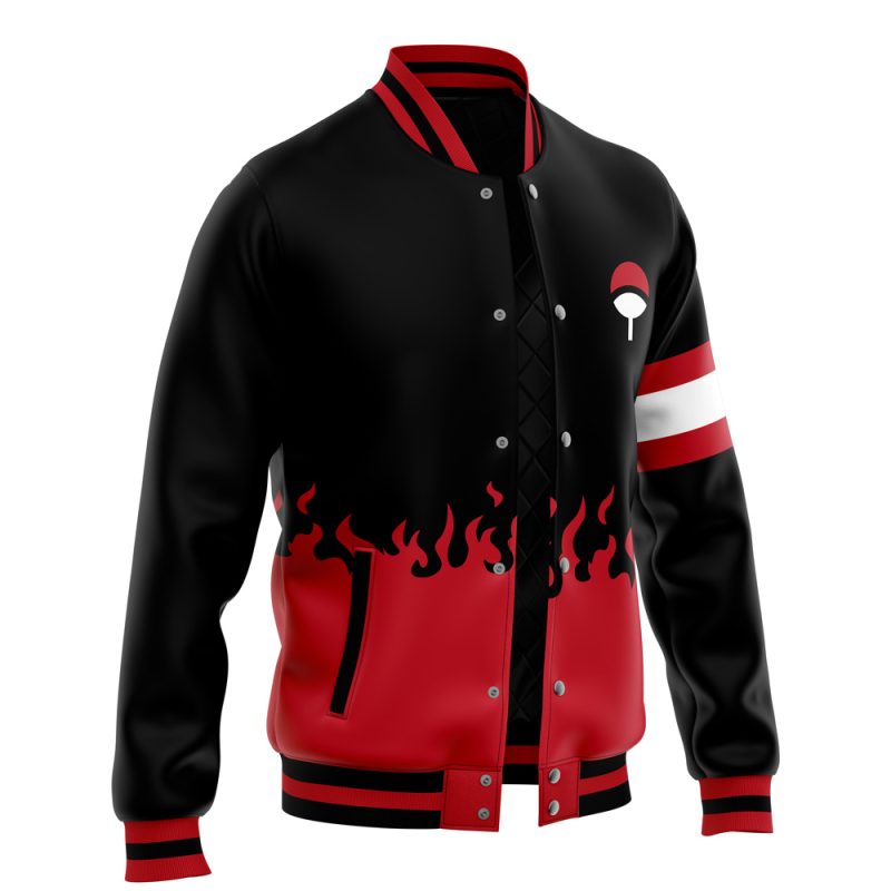 The Uchiha Clan Symbol Shippuden Varsity Jacket features a black and red flame design, striped sleeves, and the iconic Uchiha clan symbol on the chest, inspired by Naruto.