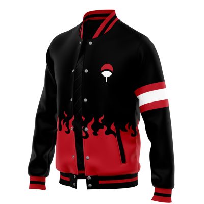 The Uchiha Clan Symbol Shippuden Varsity Jacket is black and red with red flames on the lower half, white stripes on one sleeve, and a small white and red fan symbol on the chest.