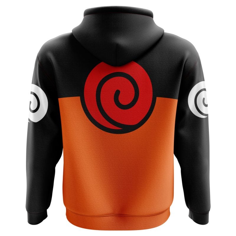 The Uzumaki V2 Shippuden Hoodie features an orange lower half, black upper half, a large red spiral on the back, and white spiral symbols on both sleeves.