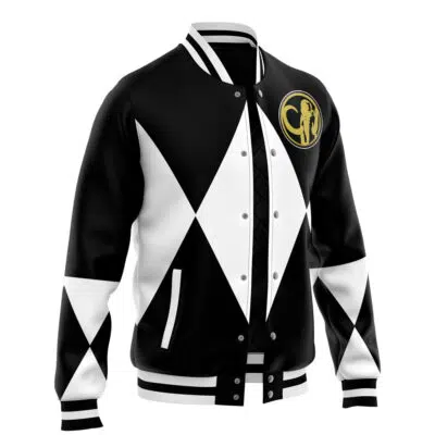The Black Ranger Mighty Morphin Power Rangers Varsity Jacket features bold diamond patterns, striped cuffs and collar, and a gold astronaut logo on the left chest.