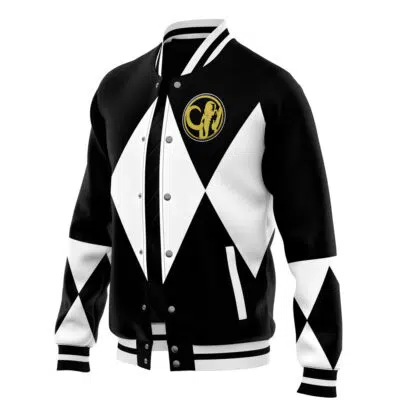 The Black Ranger Mighty Morphin Power Rangers Varsity Jacket features a black base with white diamond patterns, striped black and white collar, cuffs and hem, plus a gold chest emblem depicting a figure holding a weapon.