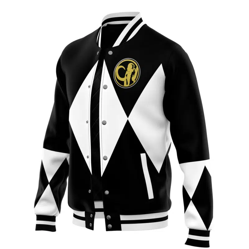 The Black Ranger Mighty Morphin Power Rangers Varsity Jacket features a black base with white diamond patterns, striped black and white collar, cuffs and hem, plus a gold chest emblem depicting a figure holding a weapon.