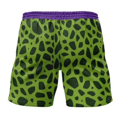Cell Dragon Ball Z Gym Shorts featuring green fabric with jagged black spots resembling reptile skin and a purple waistband.