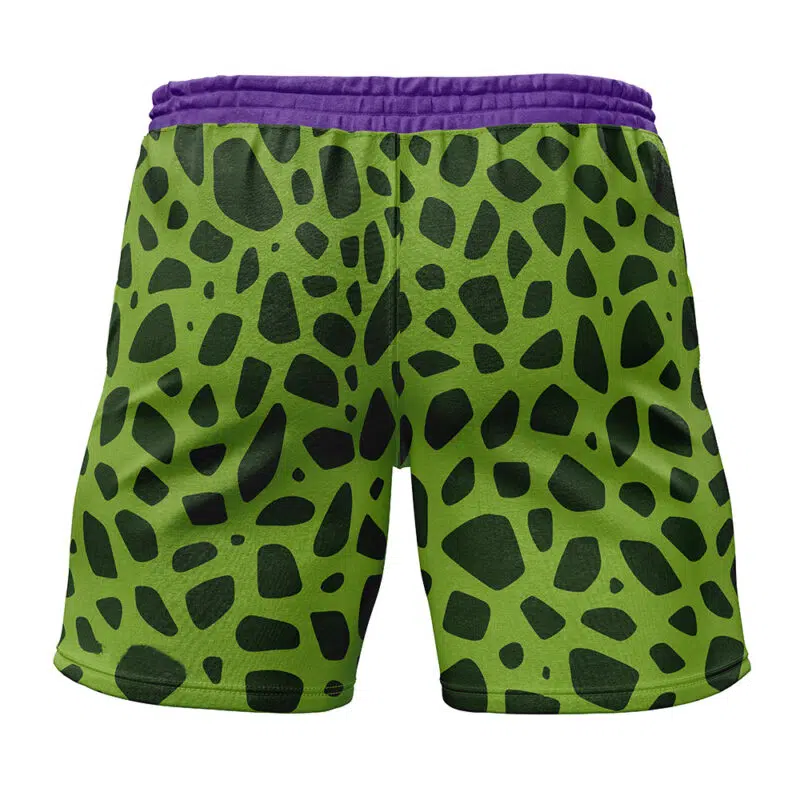 Cell Dragon Ball Z Gym Shorts featuring green fabric with jagged black spots resembling reptile skin and a purple waistband.