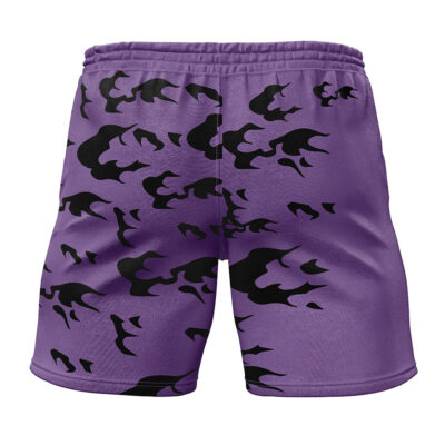 Curse Mark Shippuden Gym Shorts shown from the back, featuring a purple base with a black abstract flame pattern, elastic waistband, and slightly shiny fabric.