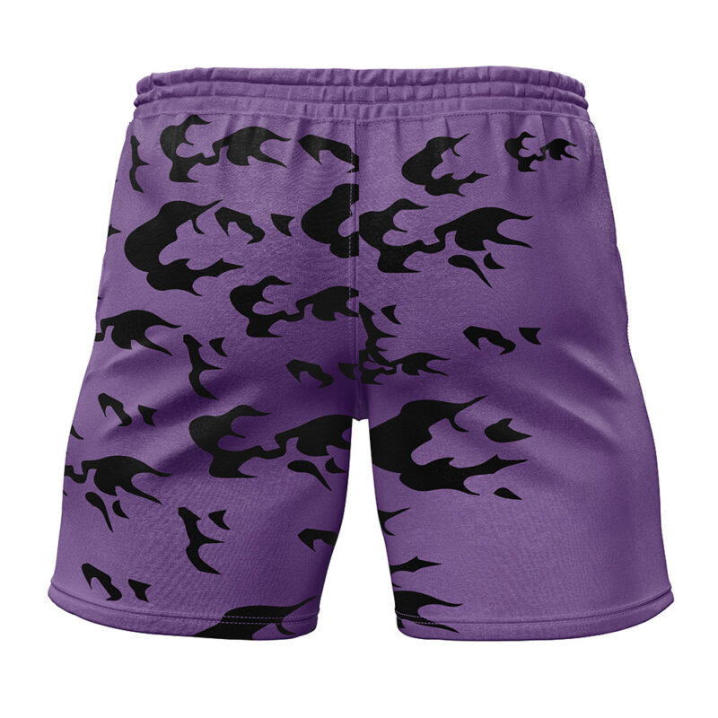 Curse Mark Shippuden Gym Shorts shown from the back, featuring a purple base with a black abstract flame pattern, elastic waistband, and slightly shiny fabric.