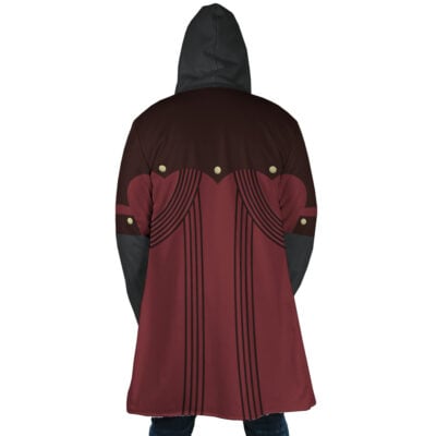 A person is seen from the back wearing the Dante Devil Devil May Cry Dream Cloak Coat, a long maroon and black hooded coat featuring black vertical stripes, gold buttons, and decorative curved lines on the back and sleeves.