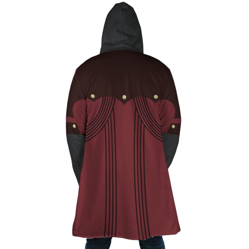 A person is seen from the back wearing the Dante Devil Devil May Cry Dream Cloak Coat, a long maroon and black hooded coat featuring black vertical stripes, gold buttons, and decorative curved lines on the back and sleeves.