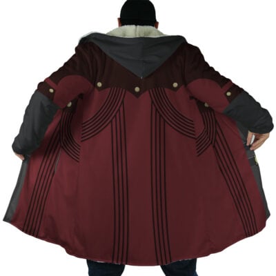 A person is seen from behind wearing the Dante Devil May Cry Dream Cloak Coat, featuring a long maroon design with black curved stripes, gold shoulder buttons, a large collar, and wide sleeves.