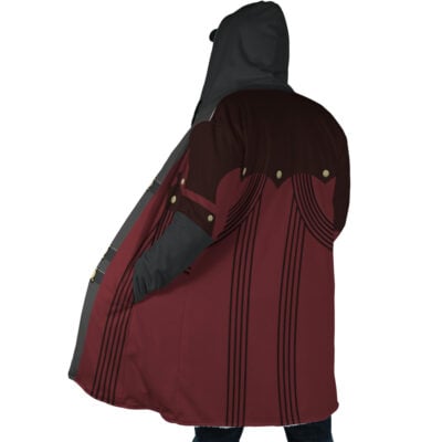 A person is shown from the back wearing the Dante Devil Devil May Cry Dream Cloak Coat, featuring a maroon, black, and gray design with gold buttons and vertical black lines.
