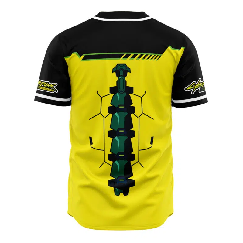 The Edgerunners V2 Cyberpunk 2077 Baseball Jersey is black and yellow with white trim, a stylized robotic spine graphic on the back, and logos on both sleeves.