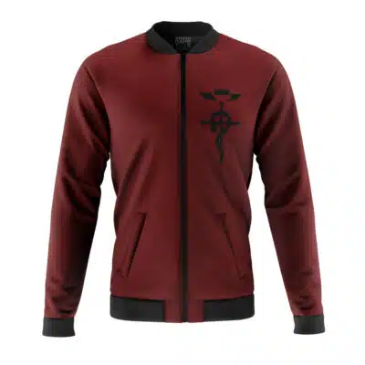 The Edward Elric Fullmetal Alchemist Casual Bomber Jacket is maroon with black cuffs, collar, and waistband. It features a large black alchemy symbol with wings, crown, and serpent on the left chest, displayed against a white background.