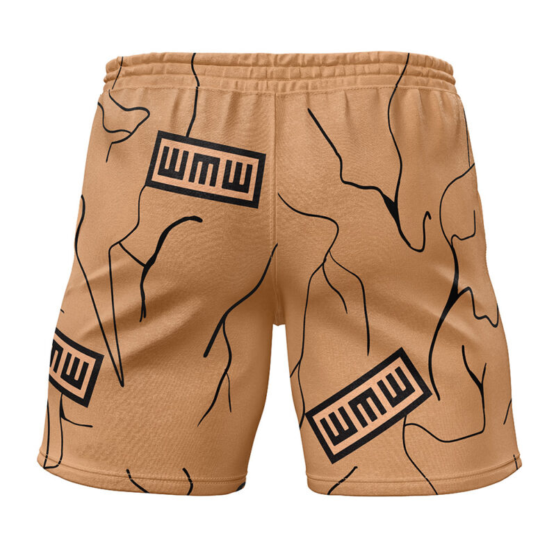 Gaara Gourd Shippuden Gym Shorts in tan, featuring an abstract black line design and bold rectangular logos with thick black borders and stylized “WMWW” text throughout the fabric.