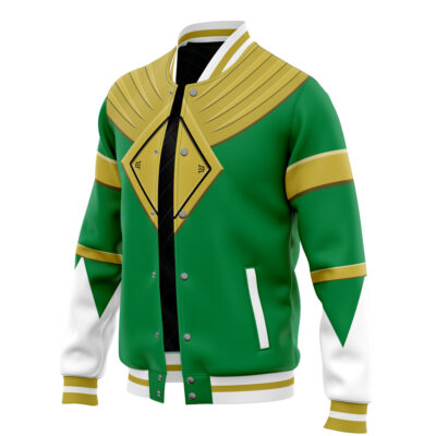 The Green Ranger Gold Shield Mighty Morphin Power Rangers Varsity Jacket features a gold diamond chest design, white sleeves, and green and gold accents, inspired by the classic Green Power Ranger costume.