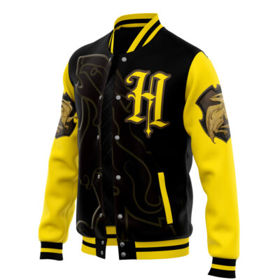 The Hogwarts Legacy Hufflepuff V2 Harry Potter Varsity Jacket is black and yellow with a large H on the chest, lion graphics on the front and sleeves, and features striped yellow and black collar, cuffs, and hem.