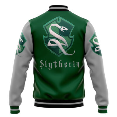 The Hogwarts Legacy Slytherin Harry Potter Varsity Jacket is green and gray, features the Slytherin crest with a silver serpent on the front and sleeves, and has Slytherin printed on the back.