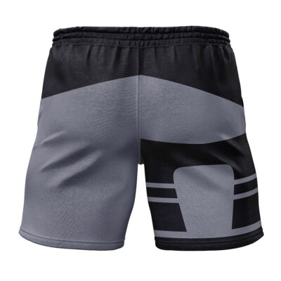 The Kakashi Anbu Shippuden Gym Shorts are black and gray athletic shorts with a bold geometric pattern, showcasing wide horizontal and diagonal stripes on the back.