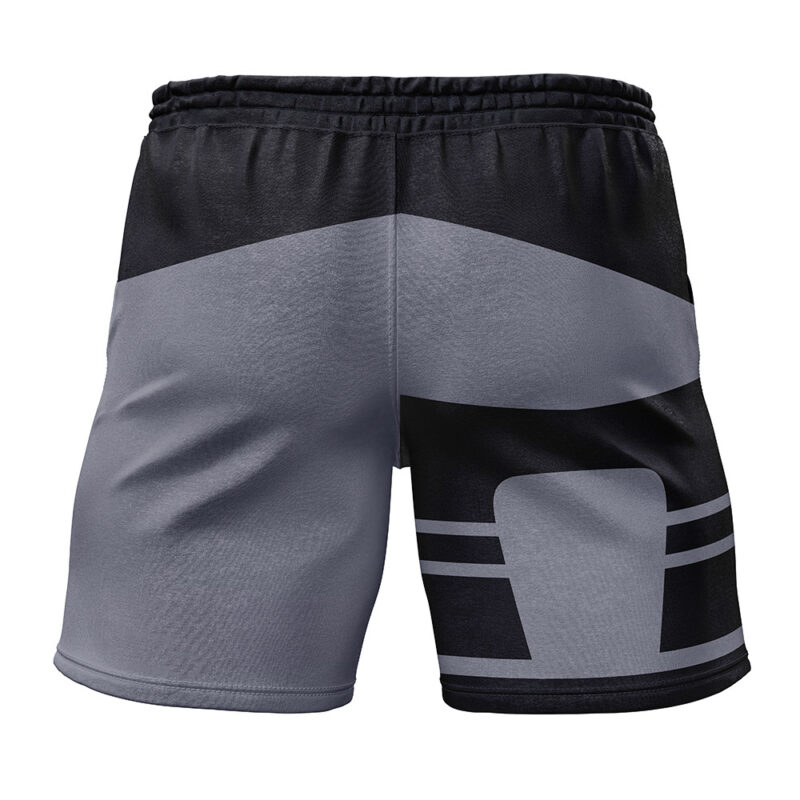 The Kakashi Anbu Shippuden Gym Shorts are black and gray athletic shorts with a bold geometric pattern, showcasing wide horizontal and diagonal stripes on the back.