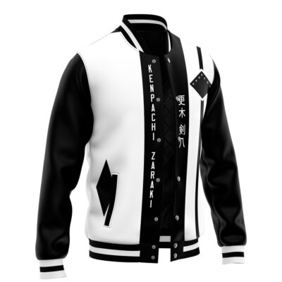 The Kenpachi Zaraki Bleach Varsity Jacket is a stylish black and white jacket with vertical Japanese characters and Kenpachi Zaraki on the front, plus diamond side details and striped cuffs and collar.