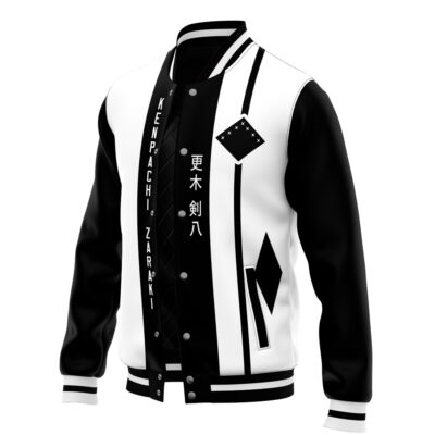 The Kenpachi Zaraki Bleach Varsity Jacket features a black and white design with bold vertical stripes, diamond-shaped patterns, Japanese characters, and the text KENPACHI ZARAKI on the front.