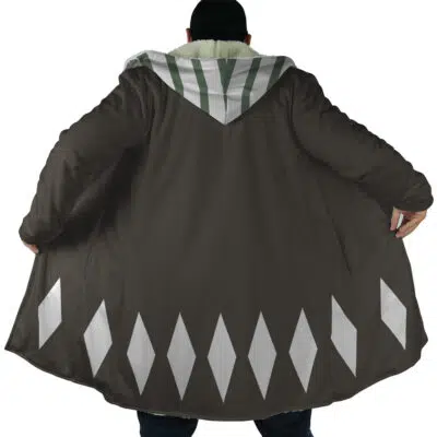 A person wearing the Kisuke Urahara Bleach Dream Cloak Coat, featuring white diamond patterns along the bottom and white stripes on the hood, is seen from behind with the coat spread open.