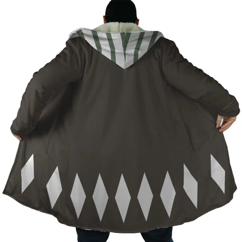 A person wearing the Kisuke Urahara Bleach Dream Cloak Coat, featuring white diamond patterns along the bottom and white stripes on the hood, is seen from behind with the coat spread open.
